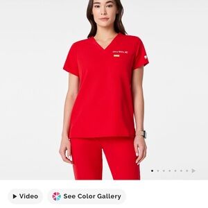 Red V-Neck Scrub Top and Pants Set